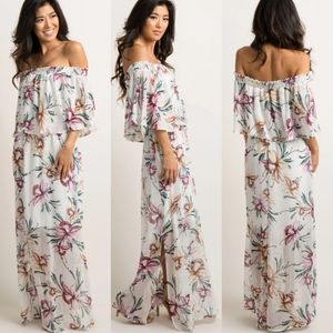 PinkBlush Floral Ruffle Dress Maternity Formal Maxi Off Shoulder Side Slit M New